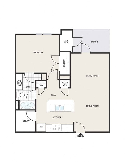 Floor plan for 1 bed, 1 bath, 783 sqft